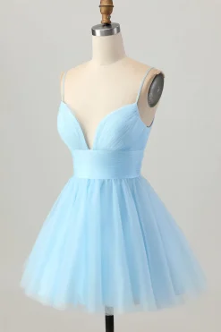 Sky Blue Uma Linha Esparguete Correias Vestido Curto Homecoming