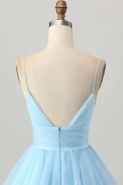 Sky Blue Uma Linha Esparguete Correias Vestido Curto Homecoming