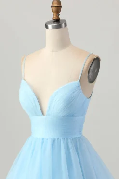 Sky Blue Uma Linha Esparguete Correias Vestido Curto Homecoming