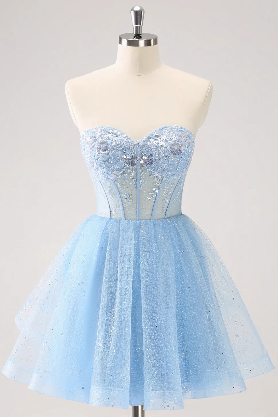 Sky Blue Uma Linha Sweetheat Corset Tulle Homecoming Dress com Sequins