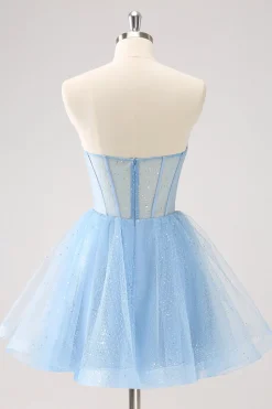 Sky Blue Uma Linha Sweetheat Corset Tulle Homecoming Dress com Sequins