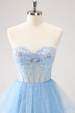 Sky Blue Uma Linha Sweetheat Corset Tulle Homecoming Dress com Sequins