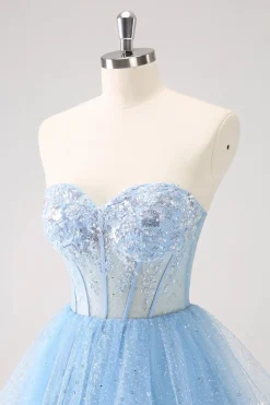Sky Blue Uma Linha Sweetheat Corset Tulle Homecoming Dress com Sequins