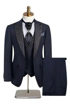 Slim Fit 3 Piece Pico Lapela Homens Ternos Preto