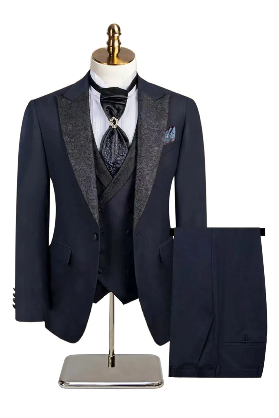Slim Fit 3 Piece Pico Lapela Homens Ternos Preto