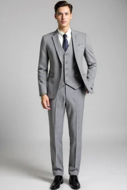 Slim Fit Notched Lapela 3 Peças Plaid Cinzento Fato Homem