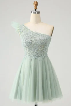 Sálvia empoeirada fofa A Line One Shoulder Tulle Homecoming Dress com apliques