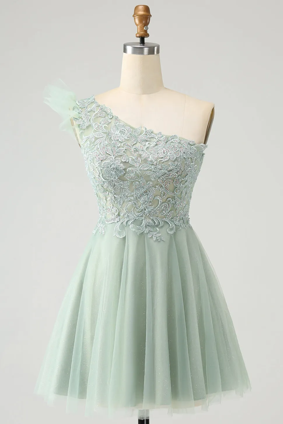 Sálvia empoeirada fofa A Line One Shoulder Tulle Homecoming Dress com apliques