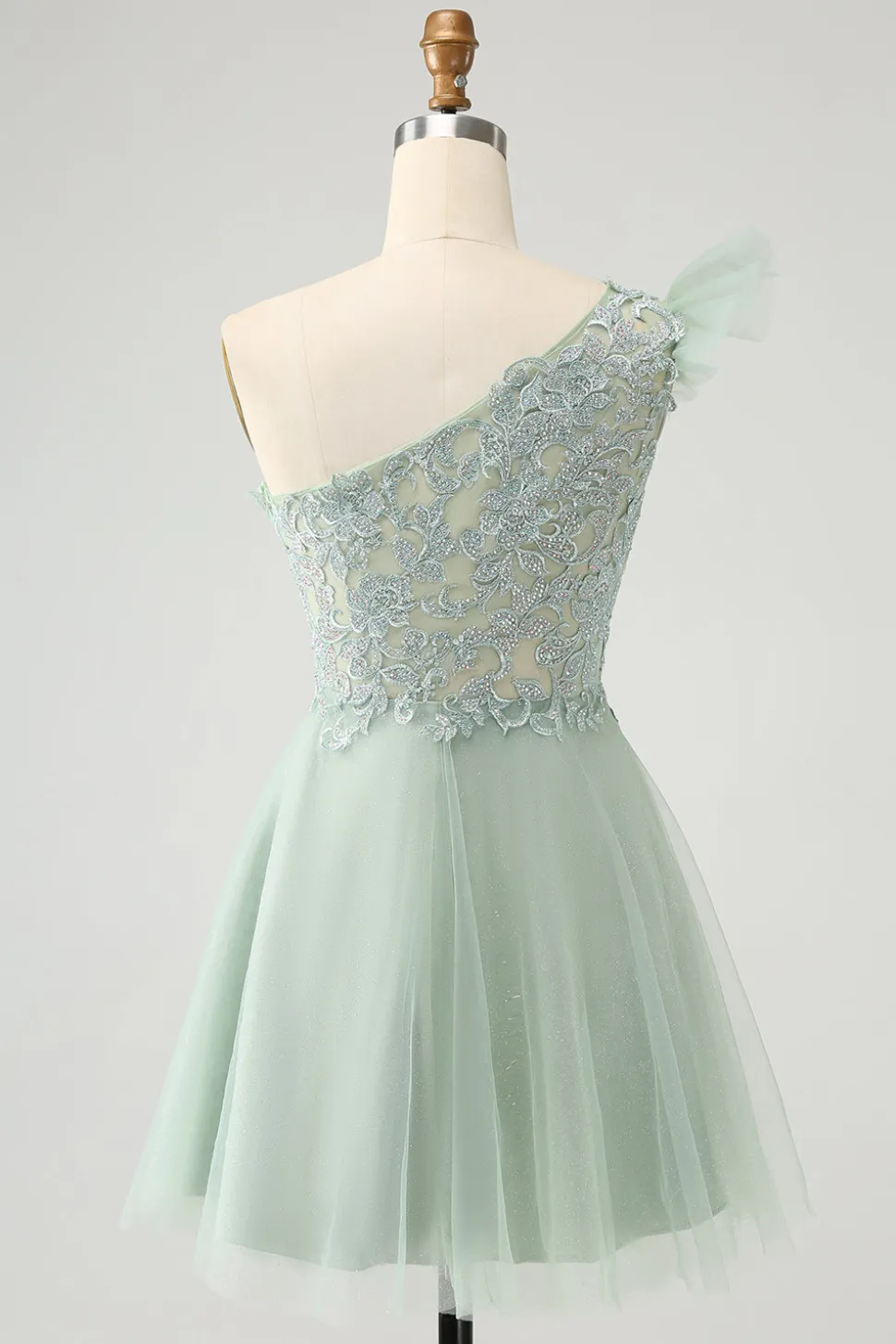 Sálvia empoeirada fofa A Line One Shoulder Tulle Homecoming Dress com apliques