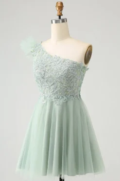 Sálvia empoeirada fofa A Line One Shoulder Tulle Homecoming Dress com apliques