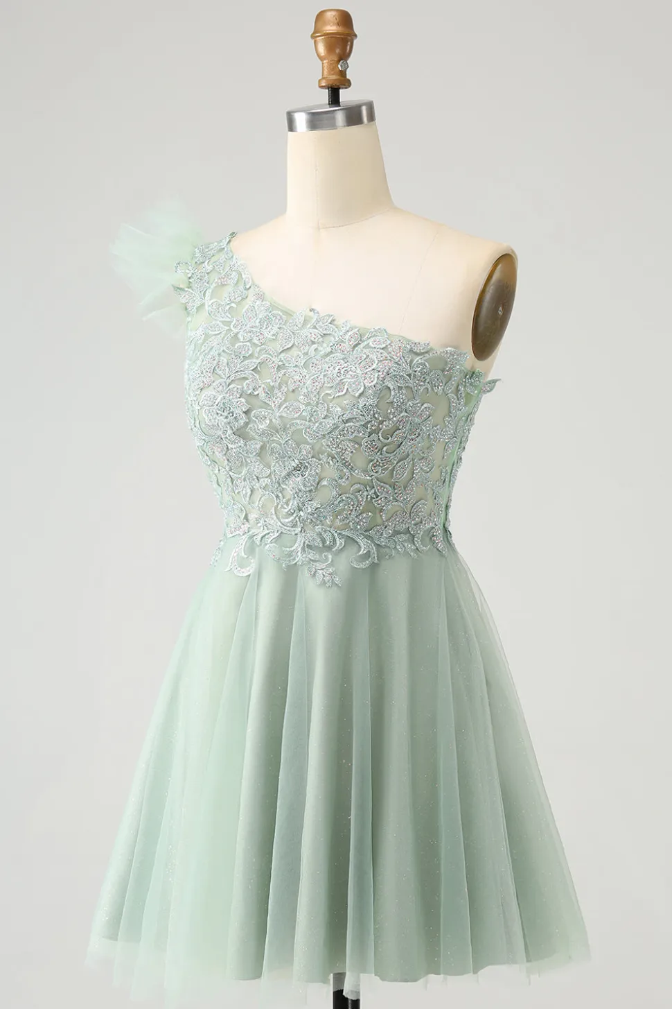 Sálvia empoeirada fofa A Line One Shoulder Tulle Homecoming Dress com apliques
