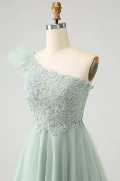 Sálvia empoeirada fofa A Line One Shoulder Tulle Homecoming Dress com apliques