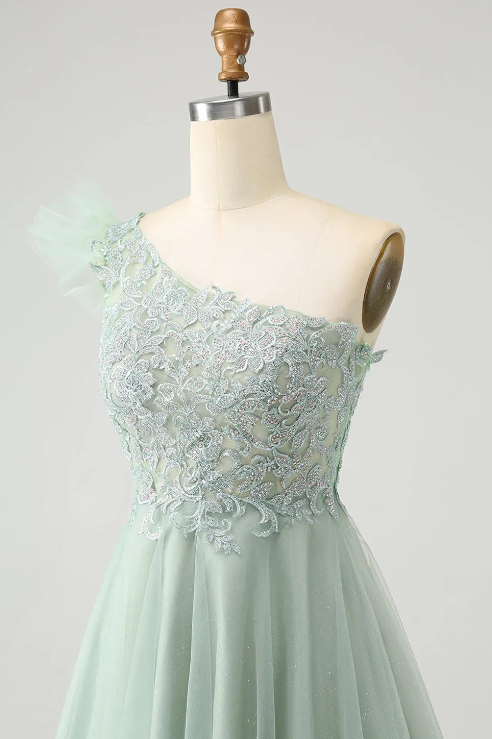Sálvia empoeirada fofa A Line One Shoulder Tulle Homecoming Dress com apliques