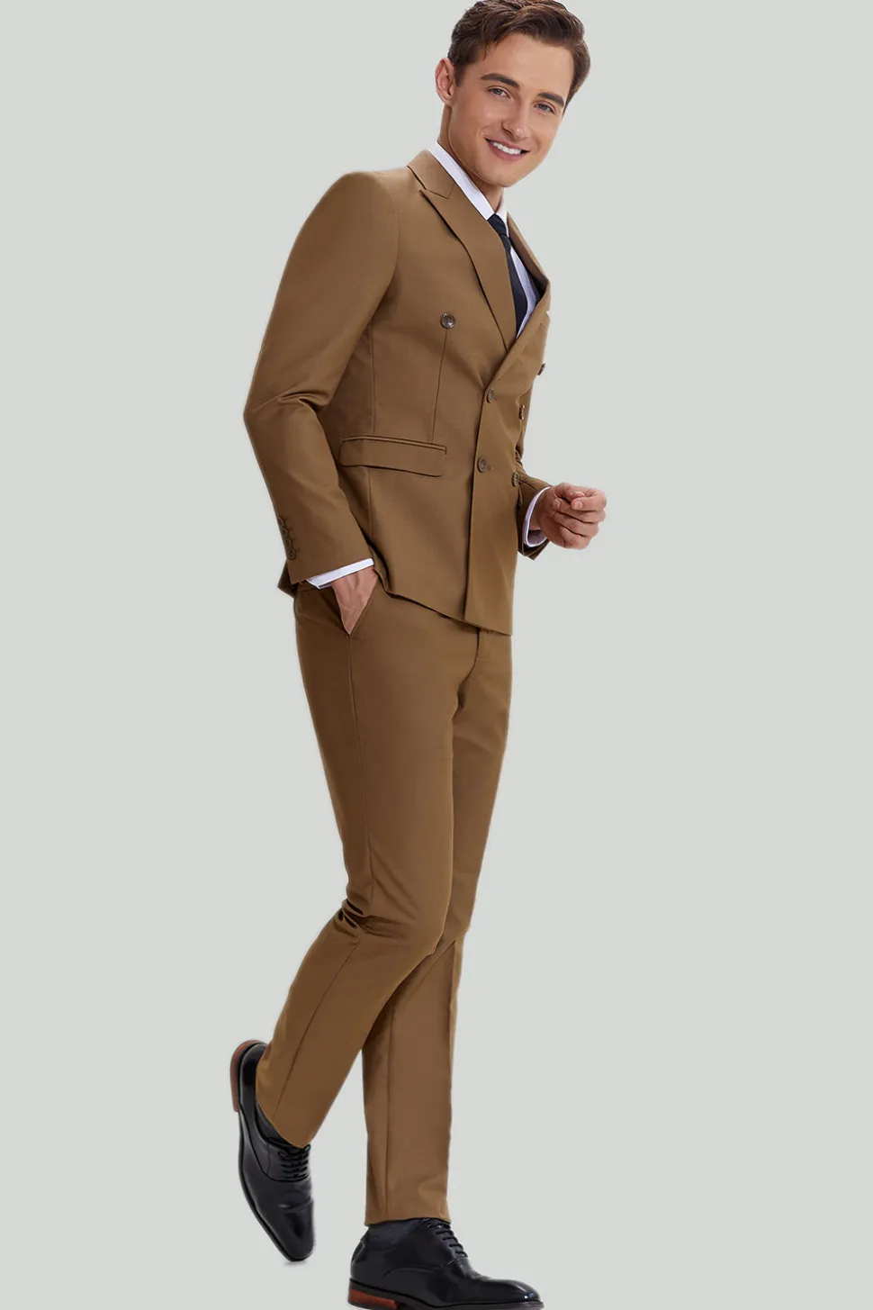 Smoking e terno slim fit masculino cáqui de 2 peças
