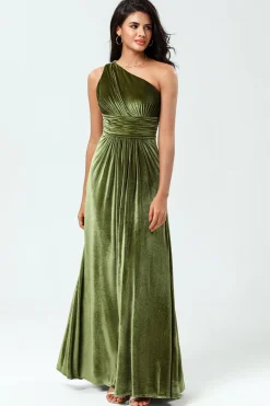 Sonhando com elegância Uma linha de um ombro Olive Velvet Long Bridesmaid Dress