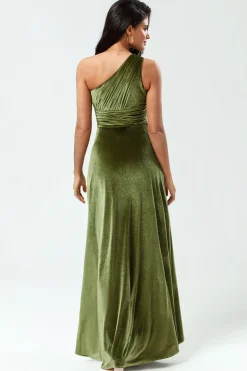 Sonhando com elegância Uma linha de um ombro Olive Velvet Long Bridesmaid Dress