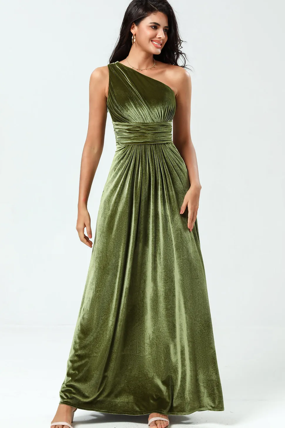 Sonhando com elegância Uma linha de um ombro Olive Velvet Long Bridesmaid Dress