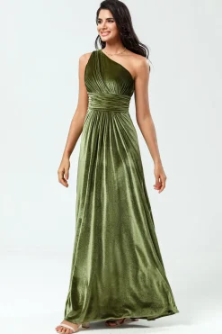 Sonhando com elegância Uma linha de um ombro Olive Velvet Long Bridesmaid Dress