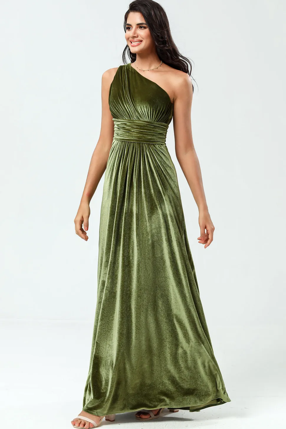 Sonhando com elegância Uma linha de um ombro Olive Velvet Long Bridesmaid Dress