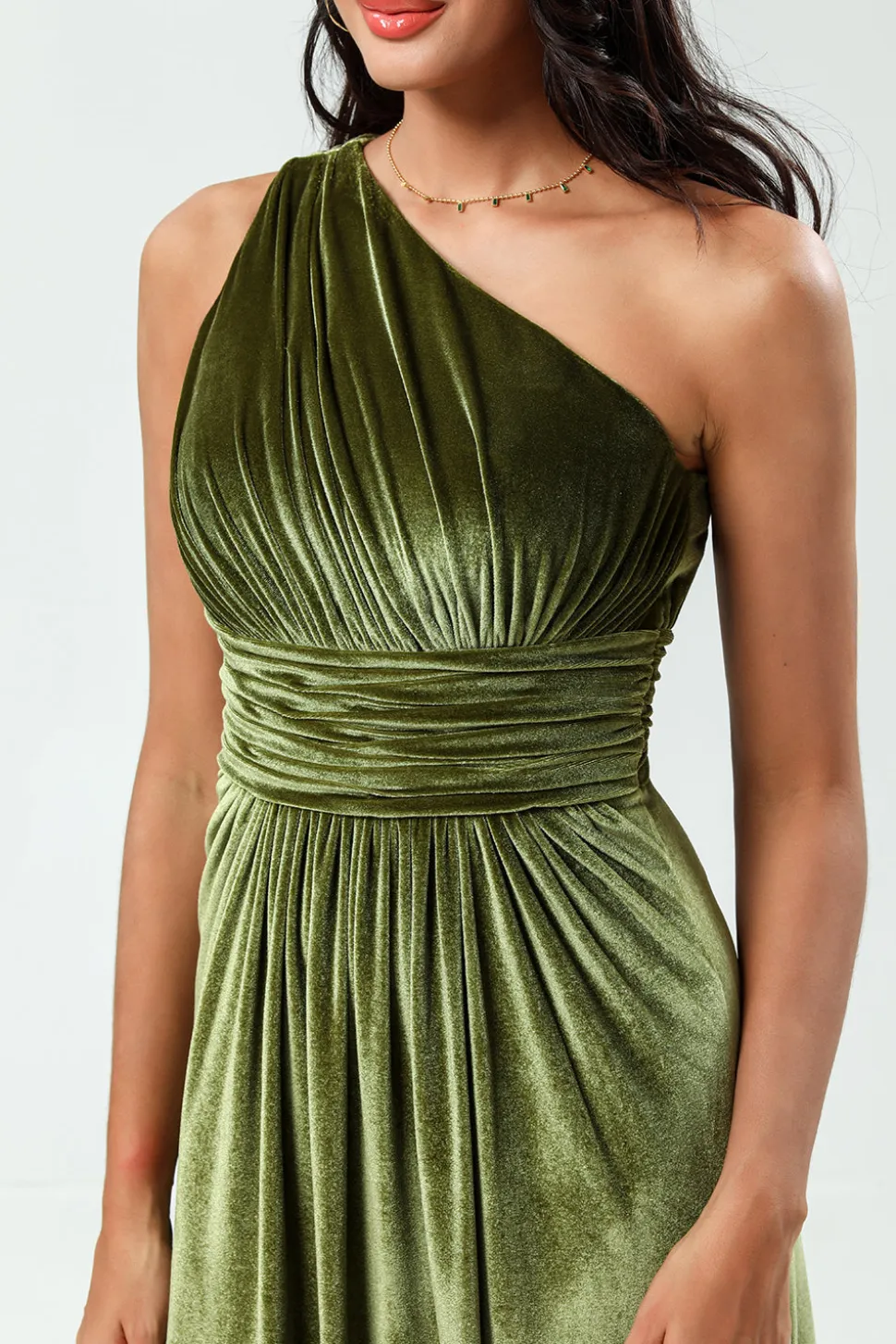 Sonhando com elegância Uma linha de um ombro Olive Velvet Long Bridesmaid Dress