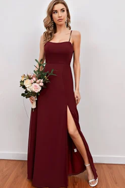 Spaghetti Borgonha Alças Longas Damas de Honra vestido com split