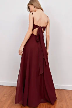 Spaghetti Borgonha Alças Longas Damas de Honra vestido com split