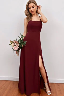 Spaghetti Borgonha Alças Longas Damas de Honra vestido com split