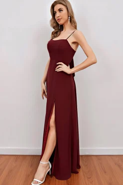 Spaghetti Borgonha Alças Longas Damas de Honra vestido com split