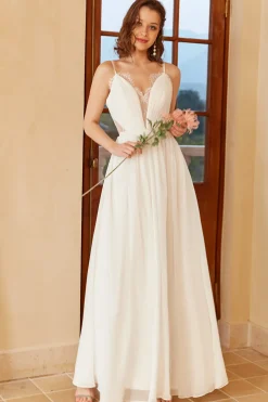 Spaghetti branco alças simples vestido de noiva