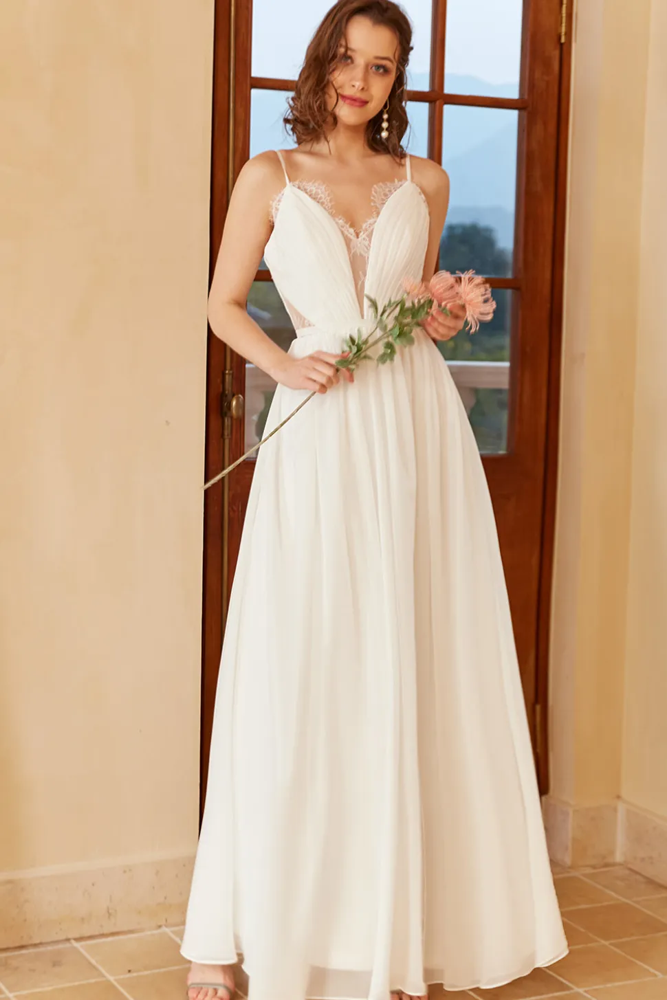 Spaghetti branco alças simples vestido de noiva
