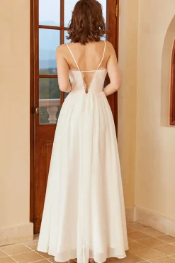 Spaghetti branco alças simples vestido de noiva