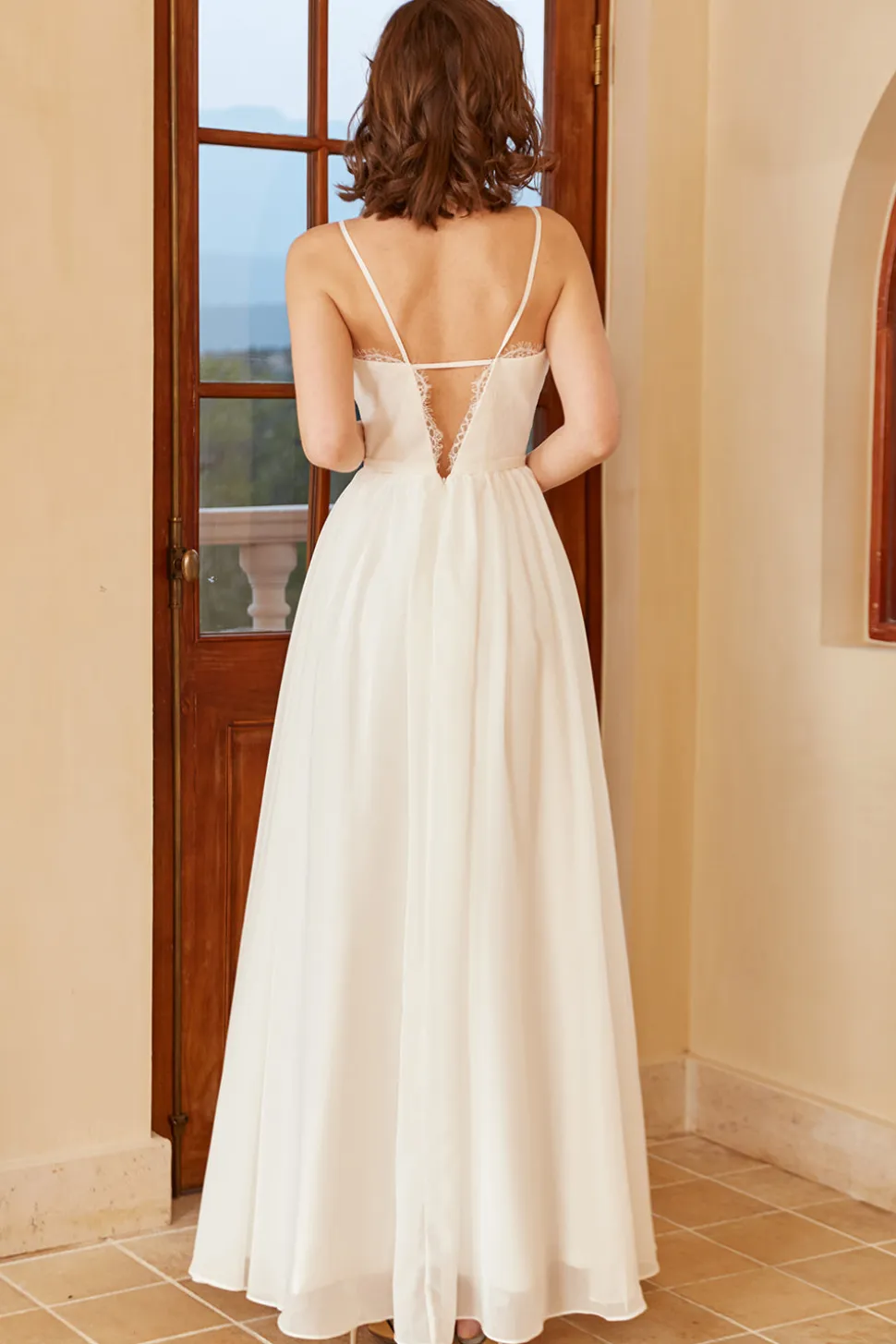 Spaghetti branco alças simples vestido de noiva