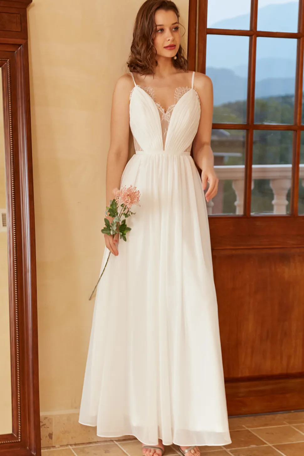 Spaghetti branco alças simples vestido de noiva