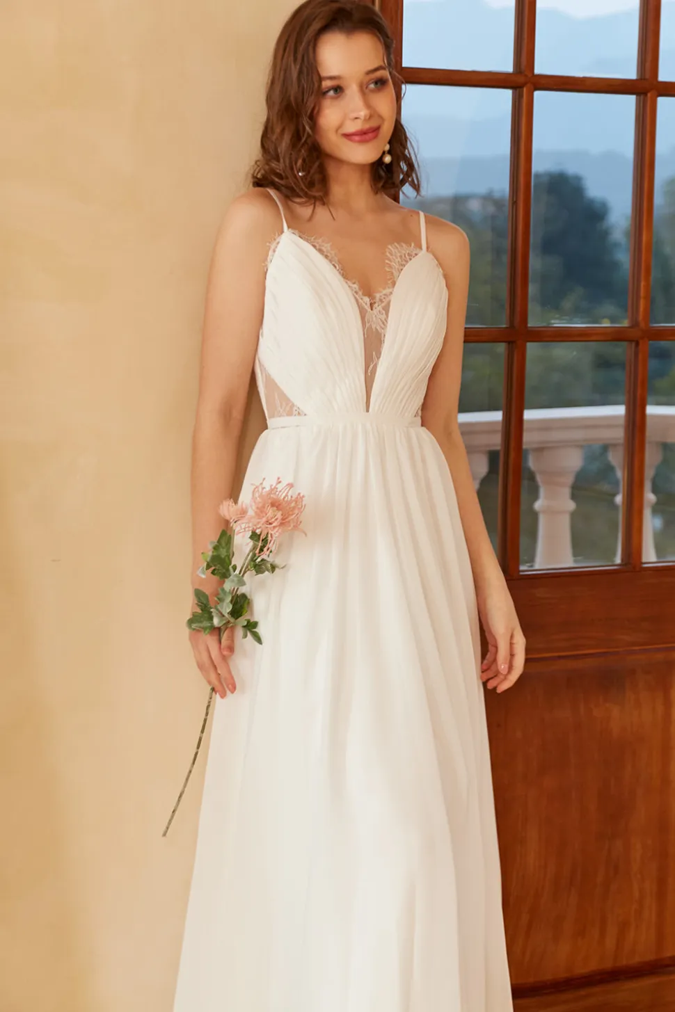 Spaghetti branco alças simples vestido de noiva