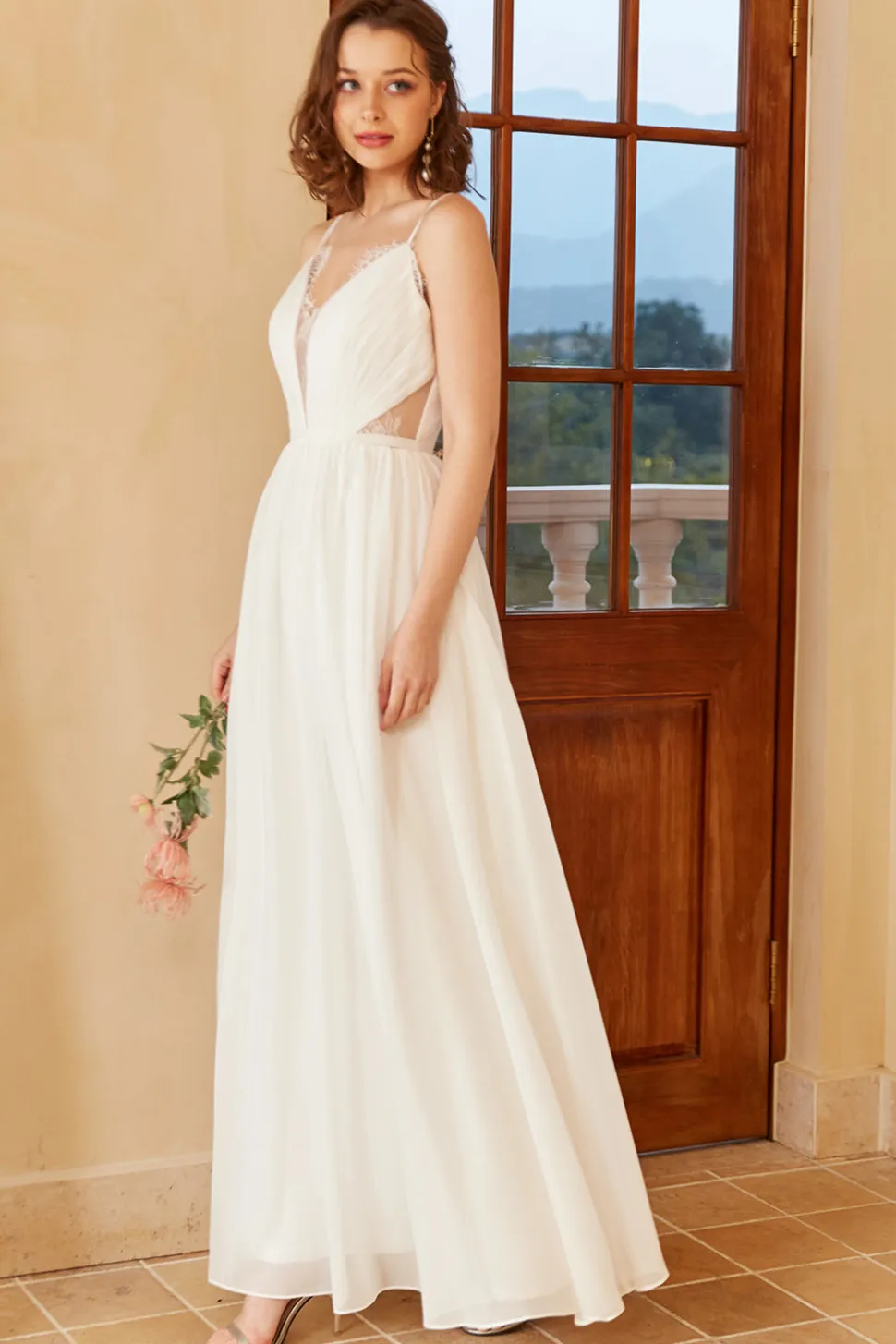 Spaghetti branco alças simples vestido de noiva