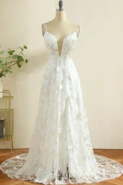 Spaghetti branco tiras vestido de noiva Boho com fenda