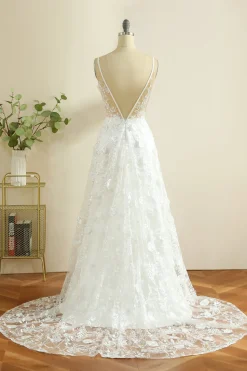 Spaghetti branco tiras vestido de noiva Boho com fenda