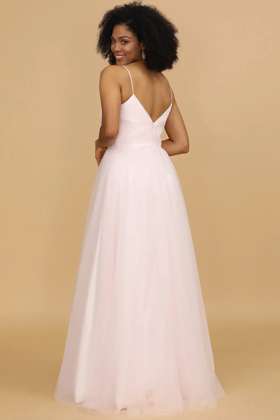 Spaghetti Cor-de-rosa tiras tulle vestido de dama de honra