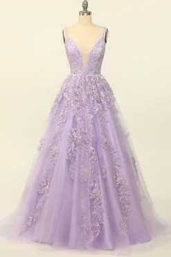 Spaghetti roxo tiras vestido de baile com apliques