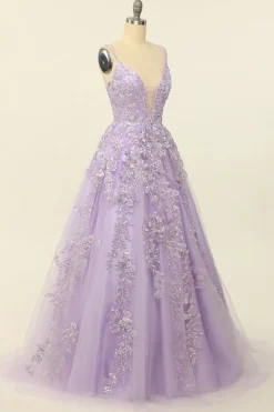 Spaghetti roxo tiras vestido de baile com apliques