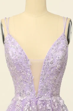 Spaghetti roxo tiras vestido de baile com apliques