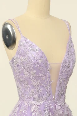 Spaghetti roxo tiras vestido de baile com apliques