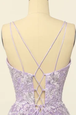 Spaghetti roxo tiras vestido de baile com apliques