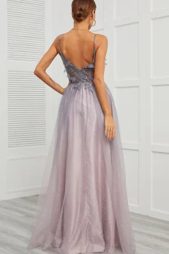 Spaghetti Straps Appliques Vestido longo baile com frente dividida