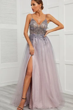 Spaghetti Straps Appliques Vestido longo baile com frente dividida