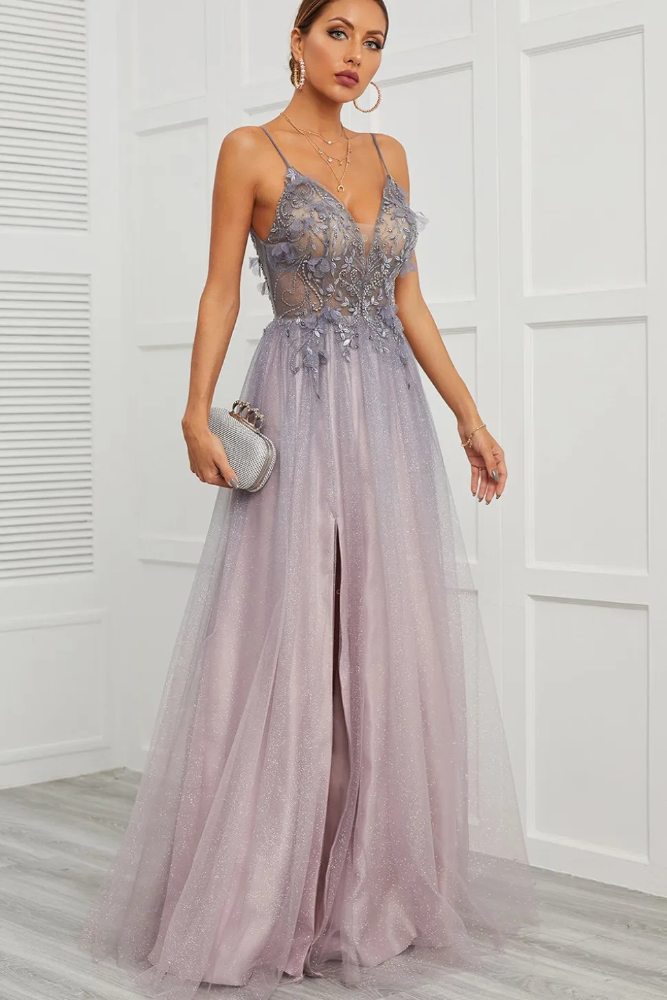 Spaghetti Straps Appliques Vestido longo baile com frente dividida