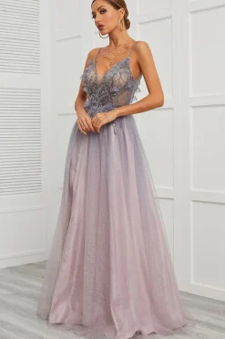 Spaghetti Straps Appliques Vestido longo baile com frente dividida