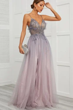 Spaghetti Straps Appliques Vestido longo baile com frente dividida