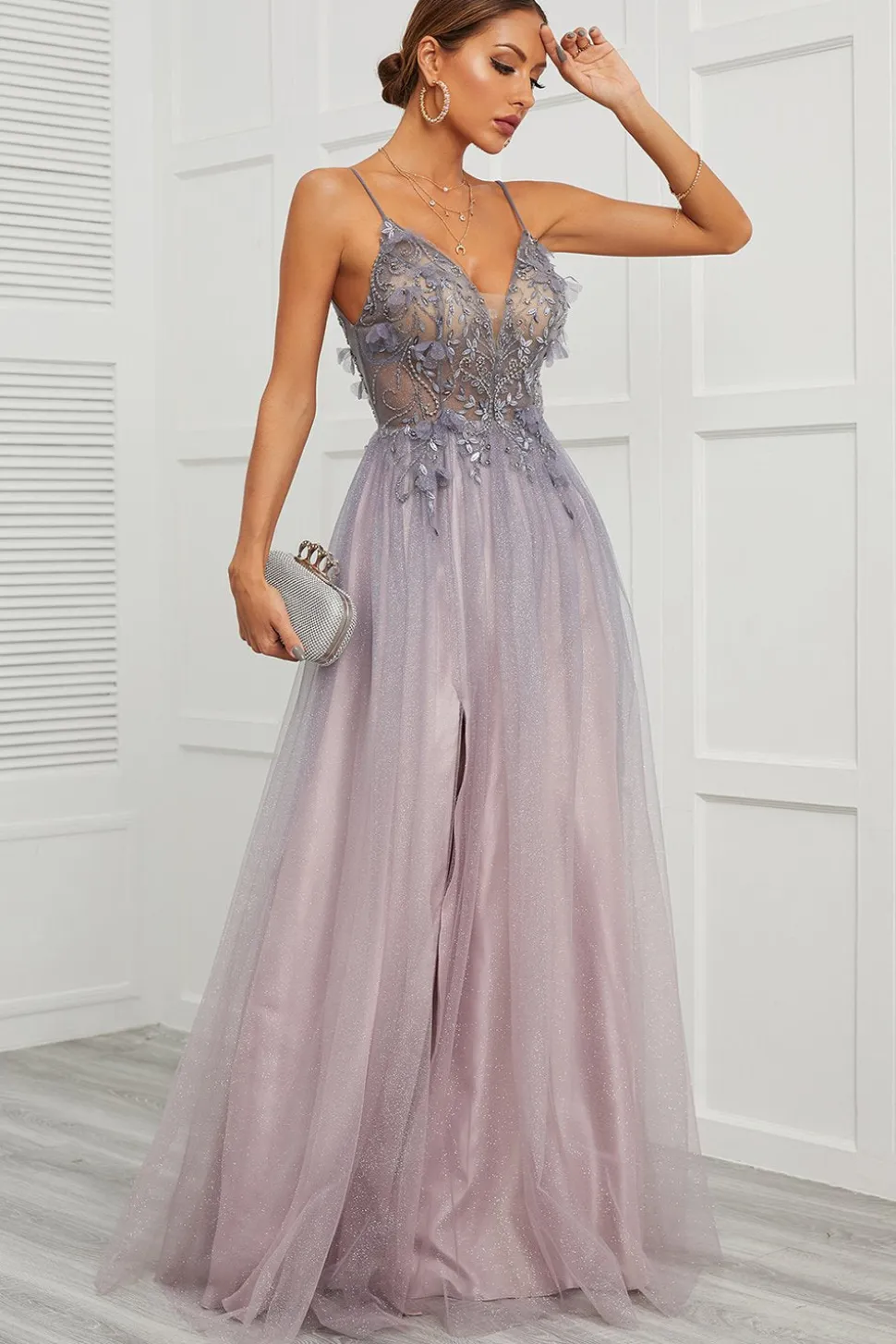 Spaghetti Straps Appliques Vestido longo baile com frente dividida