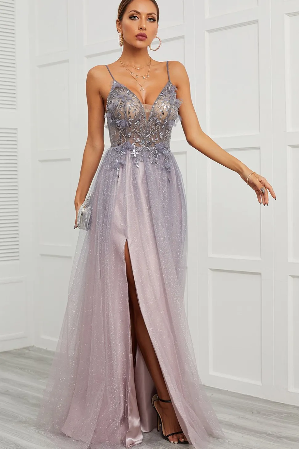 Spaghetti Straps Appliques Vestido longo baile com frente dividida